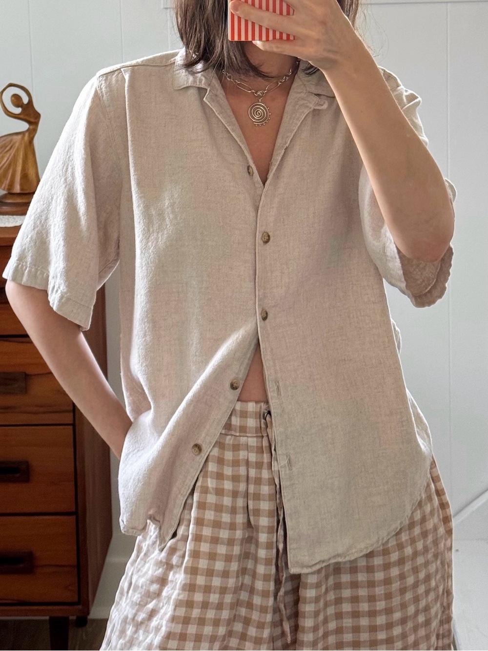 Vintage Linen Rayon Short-Sleeve Button-Up Shirt Beige | Oversized Relaxed Fit